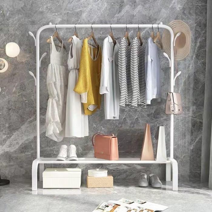 Standing Hanger Rak Gantung Baju Besi Lemari Pakaian Stand Sepatu Tas - Single Putih