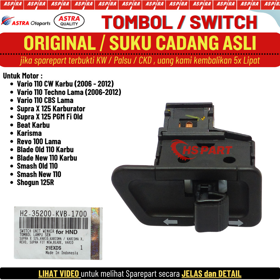 Tombol Saklar Switch Lampu Sen Vario 110 Karbu Karisma Supra X 125 Beat Revo Blade Original Aspira