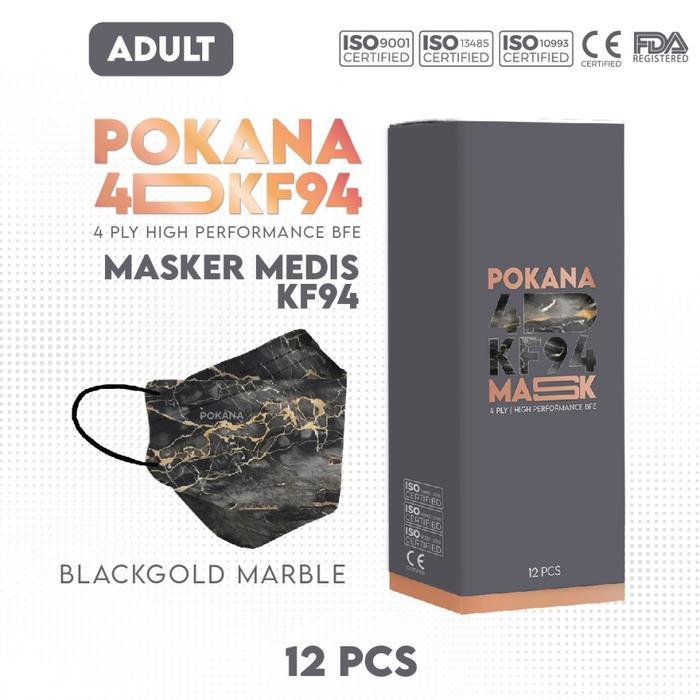 Masker Pokana KF94 medis 4D Surgical Face mask isi 12 pcs - black gold