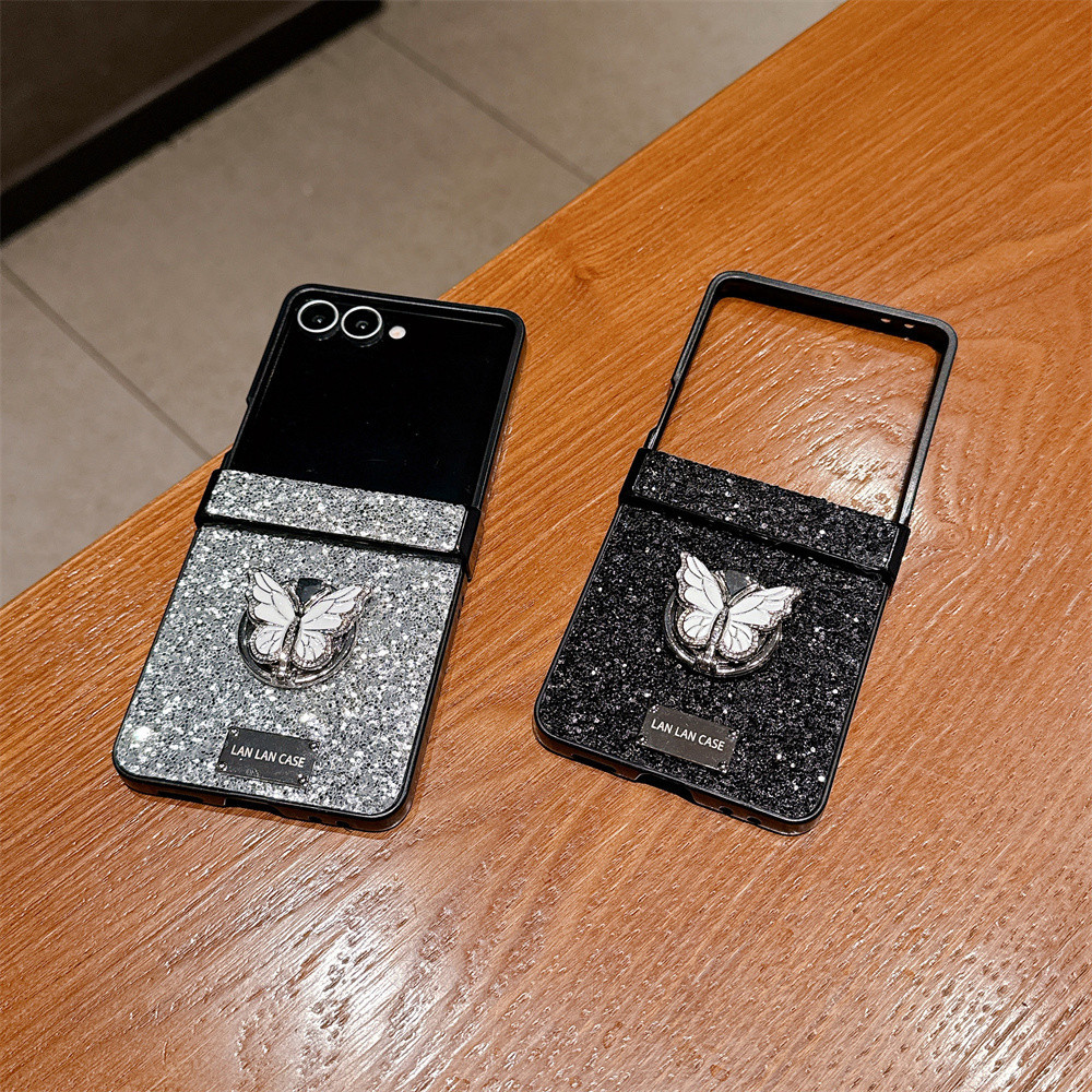 Casing Samsung Galaxy Z Flip 6 Flip 5 Z Flip7 3 in 1, Mewah Korea, 3D Butterfly Bracket, Glitter Hit
