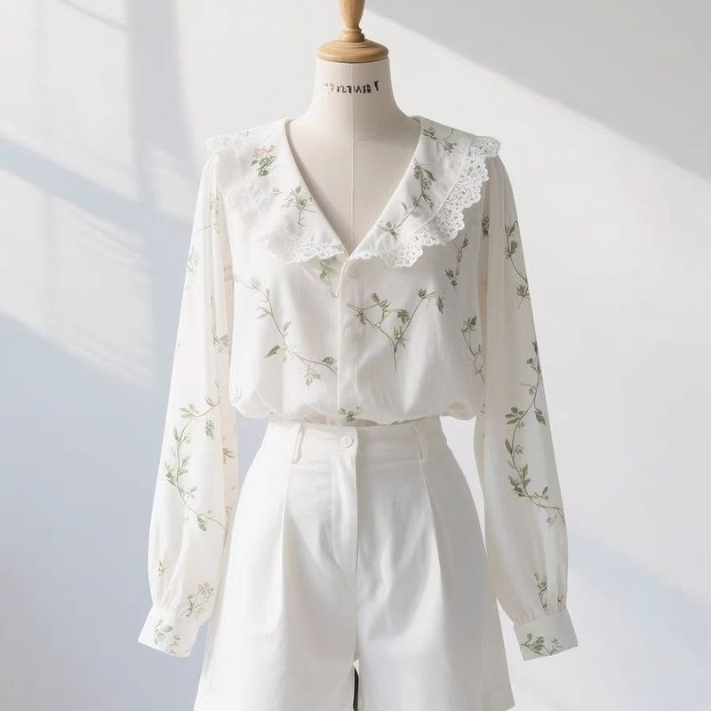 Blus Wanita Lengan Panjang dengan Kerah Patchwork Renda Vintage Prancis