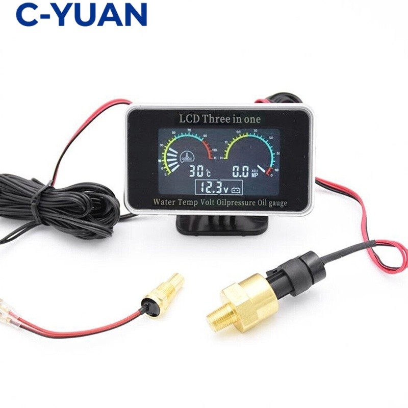 cyuan 4 in1/3 in 1 LCD Pengukur Bahan Bakar Suhu Air Tekanan Minyak Pengukur Digital Mobil / Sepeda 