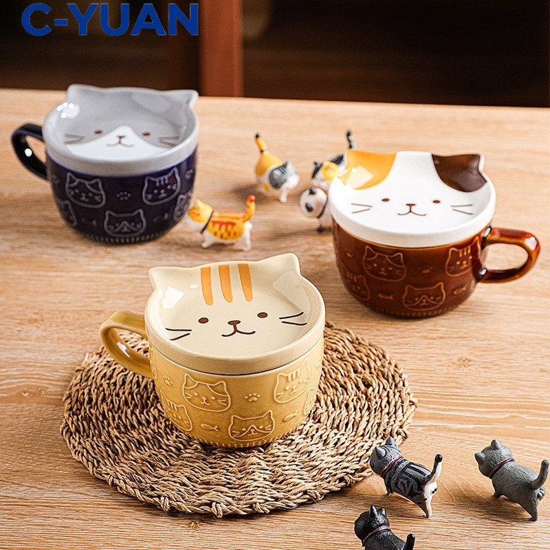 cyuan Set Mug Keramik Kartun 5 Warna dengan Tutup dan Tatakan Gelas Kopi Sarapan Lucu dengan Desain 