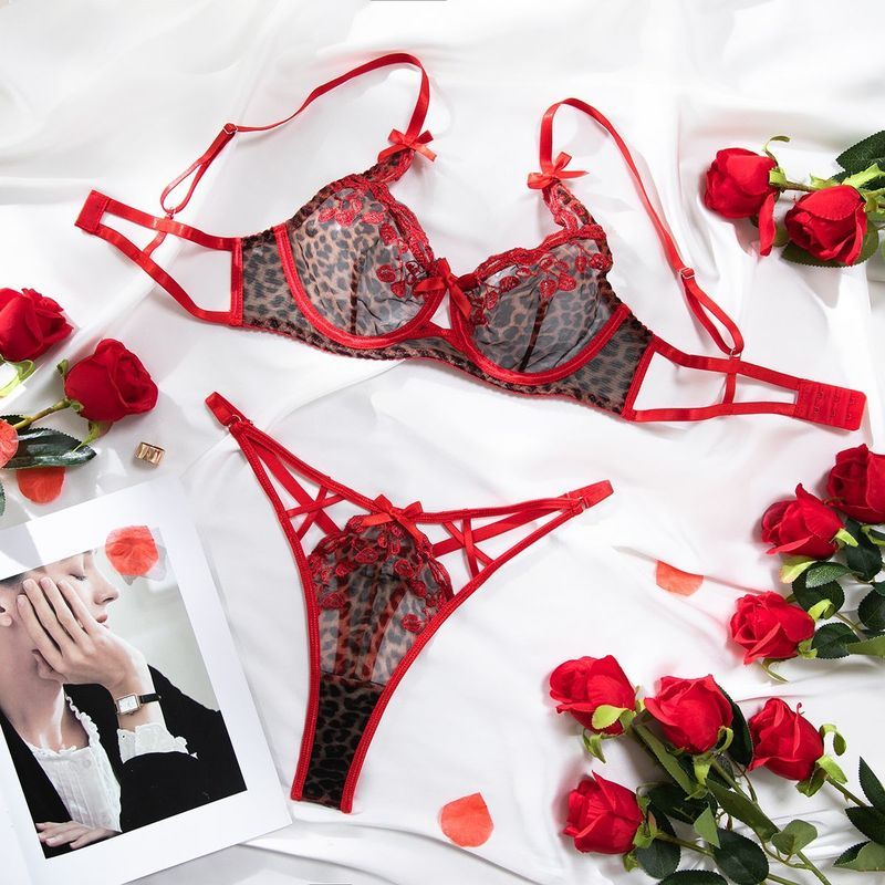LadyAllure COD Lingerie Wanita Sexy Leopard Lace Merah Transparan Bra Set Push Up Kawat Tipis Strapp
