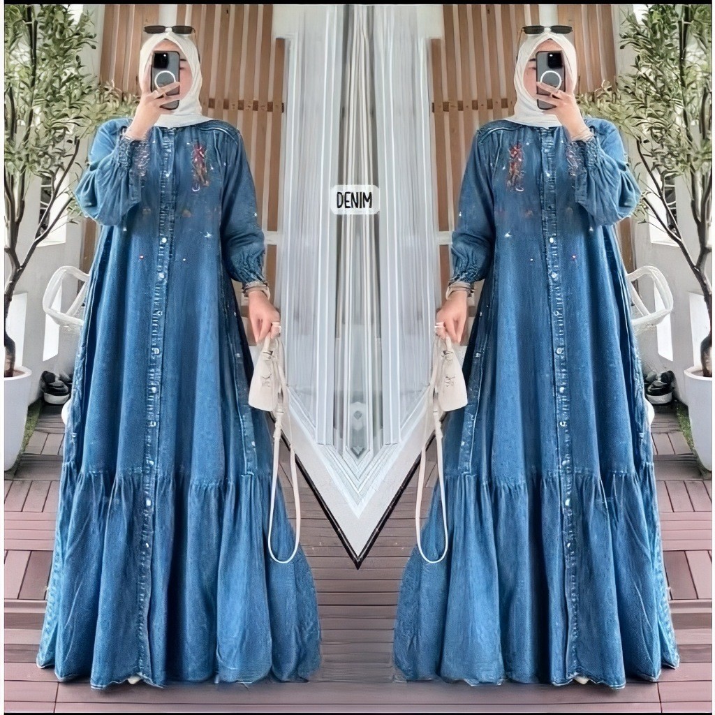 PROMO TERBATAS COD~Shefty Gamis Jumbo Baju Gamis Jeans Bordir Wanita Jumbo Terbaru/Gamis Bordir Dres
