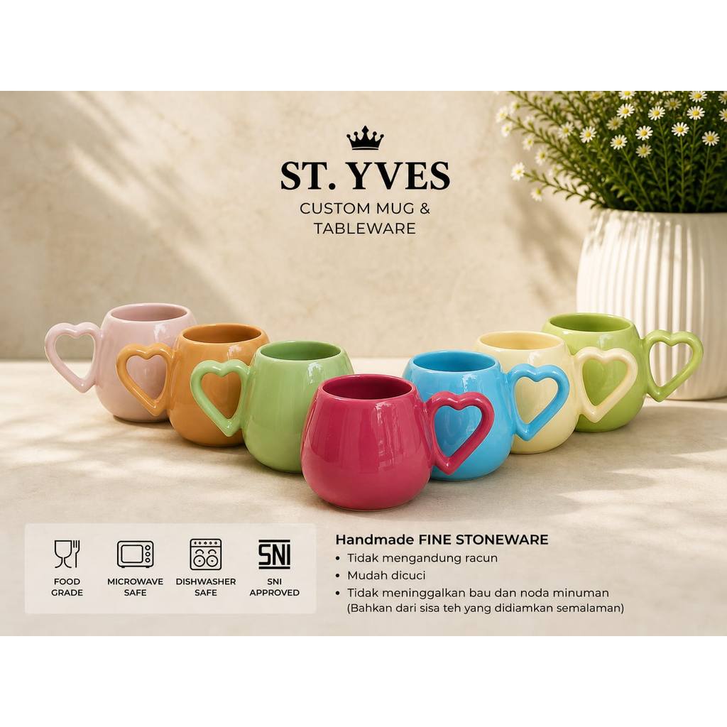 St. Yves Mug Heart Dunkin Keramik Glossy - Gelas Love Handle Estetik Fine Stoneware 300ml - Cangkir 
