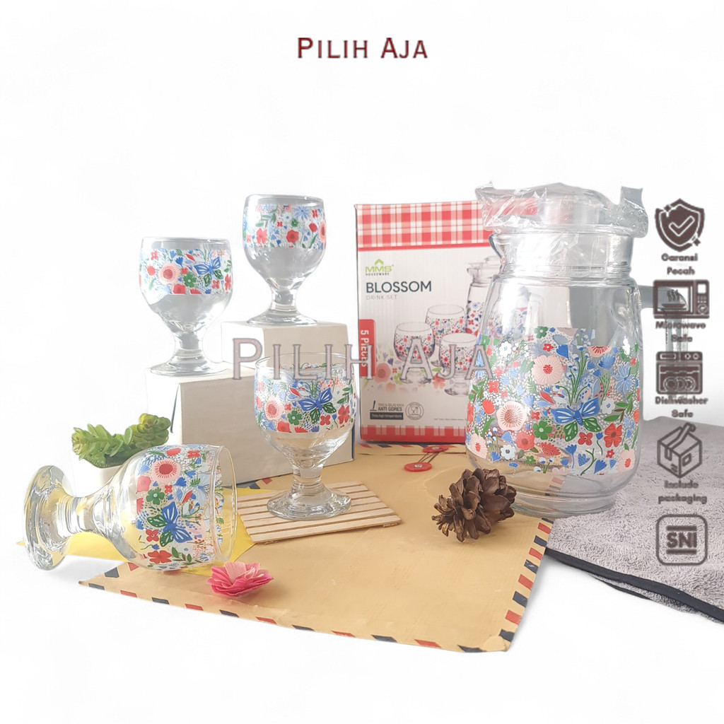 KIG  1 SET Drink Teko Cangkir Set Kaca BLOSSOM BIRU Pitcher Set Beling Jug Drink Set 4 Gelas Gagang 