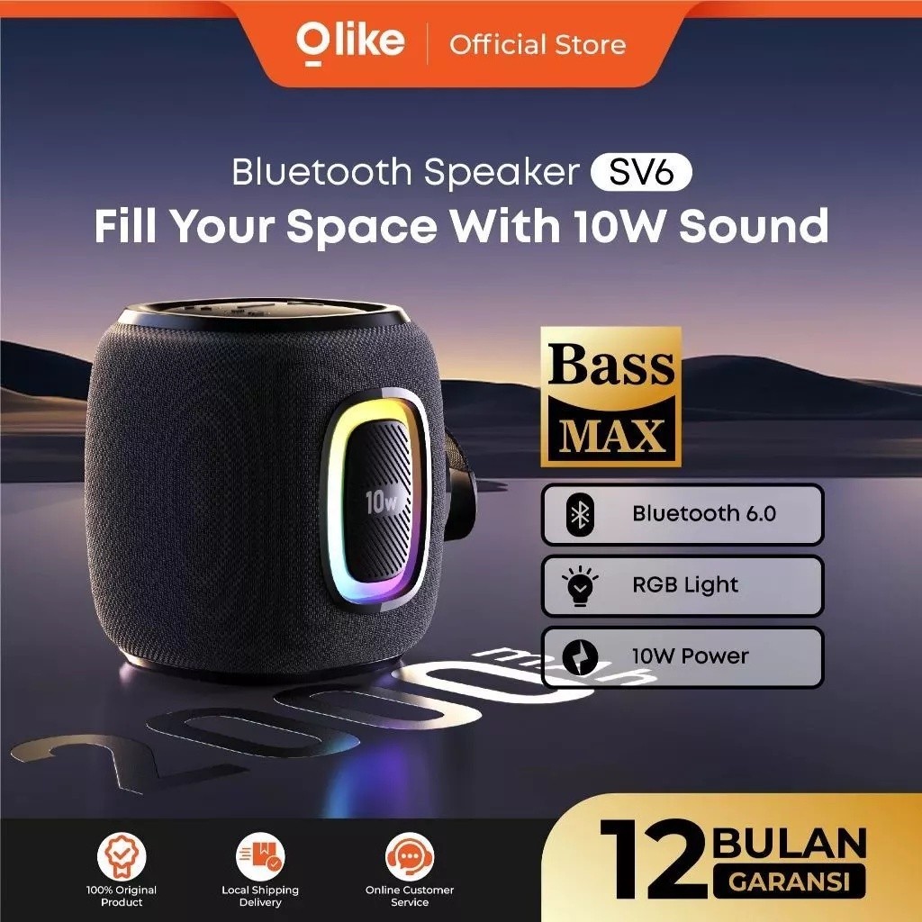 OLIKE Bluetooth Speaker SV6 10W Subwoofer Dual Bass Bluetooth 6.0 TWS RGB Light 2000mAh 6 Jam