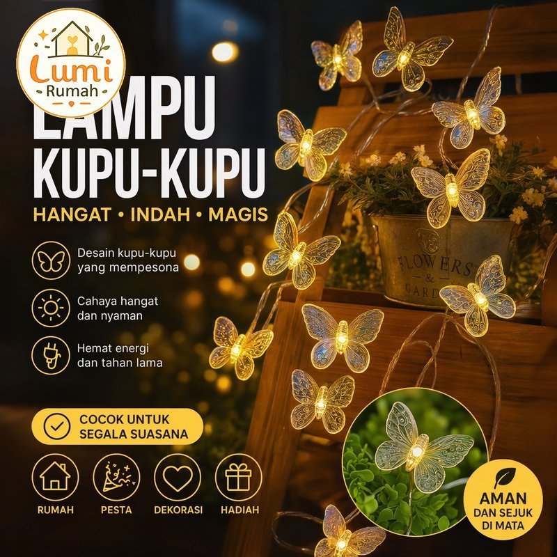 lampu hias kupu kupu led warna warni dekorasi dinding taman outdoor usb baterai ramadan pesta