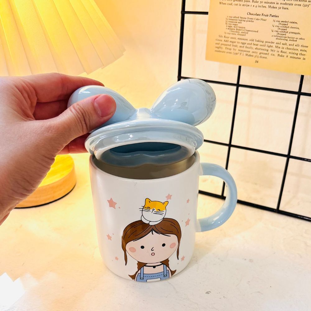 Mug Keramik Tutup Pita 400ml | Mug Aesthetic Lucu Cangkir Kopi Teh Estetik