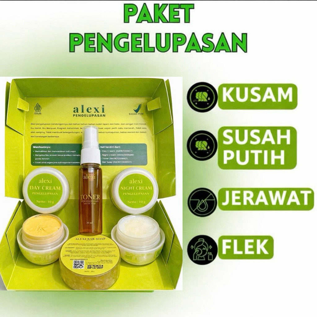 ALEXI SKINCARE Paket Pengelupasan - Cream Pencerah Wajah / Krim Pemutih Wajah Glowing | Mengatasi Ku