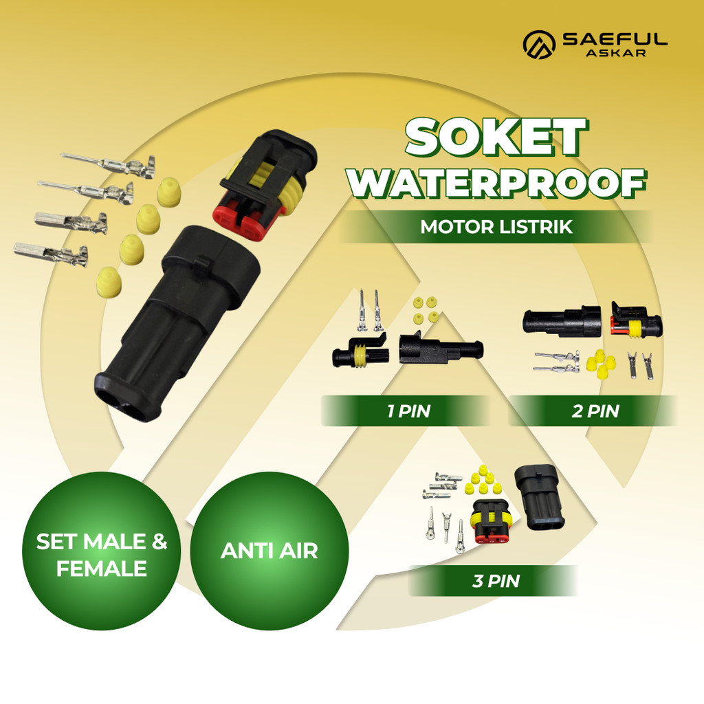Set Socket Konektor Waterproof Tanpa Kabel 1 2 3 Pin dengan Seal Karet Anti Air