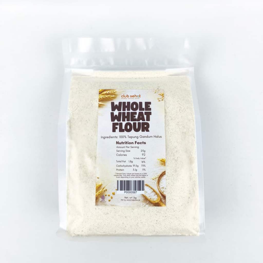 Whole Wheat Flour 1kg Club Sehat – Tepung Gandum Utuh Premium | Tepung Wholemeal Sehat Tinggi Serat 