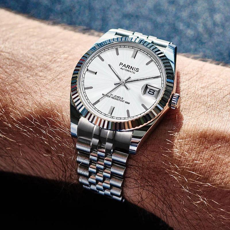 Jam Tangan Pria Fashion Parnis 36mm Silver Case Men Watch Automatic Women Mechanical Calendar Sapphi