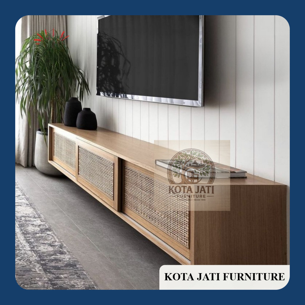 Meja TV Gantung Kayu Jati Solid Pintu Geser Rotan Bufet Minimalis rak dinding Ambalan Kayu Retro