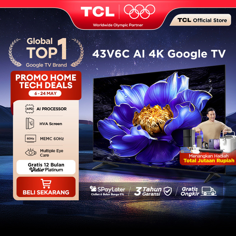 TCL AI 4K Google TV 43 inch V6C - MEMC - HDR 10 - HVA Panel - Dolby Audio - Google Play/Netflix/Yout