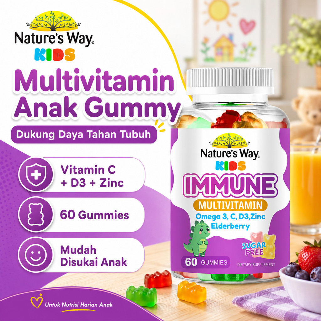 Nature’s Way Kids Immune Gummies 60pcs Multivitamin Anak Vitamin C D3 Zinc Dukung Daya Tahan Tubuh