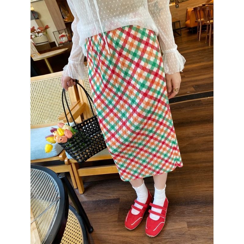Aroana Rok wanita Big Size Korea baru Perancis retro kotak-kotak setengah tubuh panjang sedang rok l