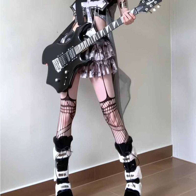 [Si Yun Ge] Stoking Jala Seksi Gaya Gotik Punk Hitam Stoking Garmen Lubang Tidak Beraturan Gadis