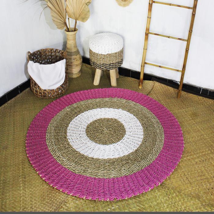 KARPET RUG ANYAMAN SEAGRAS 120CM / TIKAR BULAT ANYAMAN SEAGRASS - Pink Natural120