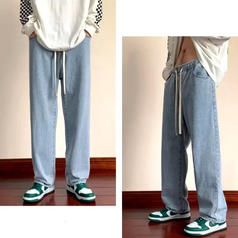Celana Jeans Panjang Pria Karet Korean Style Straight Jeans Oversize Loose Fit