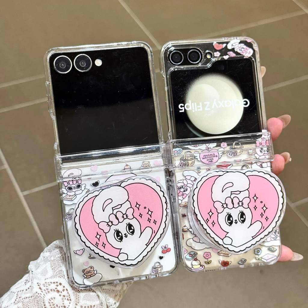 Flip7 3in1 Casing Magnetik Samsung Galaxy Z Flip 6 Flip5 Casing Kartun Lucu Kelinci Cinta dengan Ran