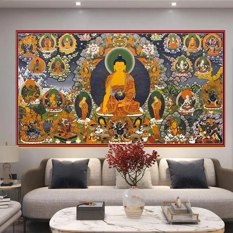 Bendera gantung bergaya Tibet yang membawa keberuntungan, kain latar belakang mural Buddha Kekayaan,
