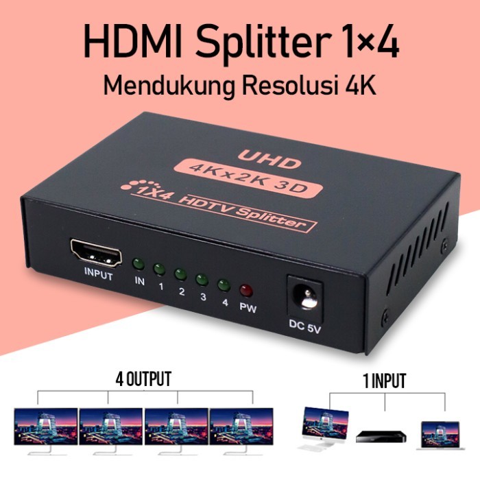 HDMI Splitter Duplikat 1x4 Output 4K Monitor Converter Pembagi Display 4K Layar Duplicate Copy Pemba