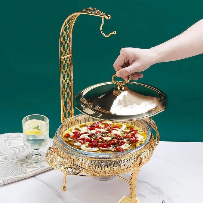 Gold Food Warmer Prasmanan Stainless Mewah Dengan Kaca Tebal