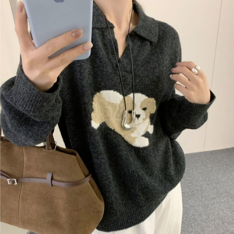 MYCASSI Sweater Rajut Jacquard Gaya Korea Warna Abu-abu Baru Dengan Kerah Atasan Polo Pendek Longgar
