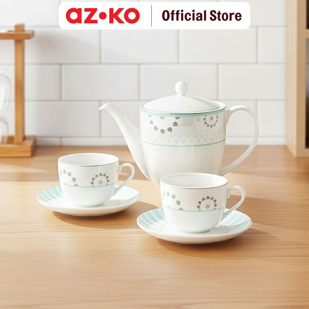 AZKO Delicia Anna Teko & Cangkir Teh Keramik Bone China Set 5 pcs - Putih Tea Set Teko Teh Perangkat