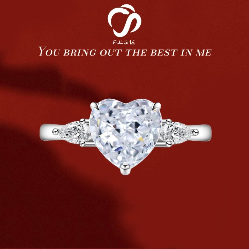 FULSHE Cincin Berlapis Emas Putih Berlian Berkilau Berbentuk Hati Asli Untuk Pasangan Hari Valentine