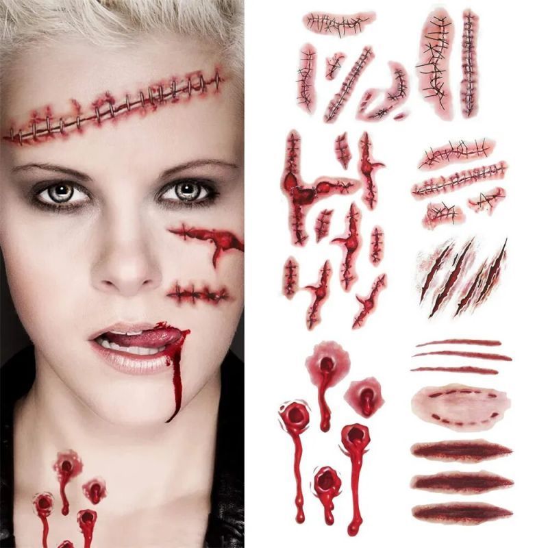 Helloween Prank Terluka Jahitan Stiker Tato Temporer Scar Blood Tattoos Tato Luka Jahitan Tato Luka 