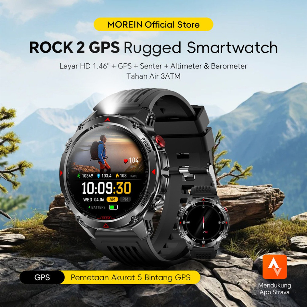 Morein Rock 2 GPS Jam Tangan Smartwatch - Layar HD 1.46'' | GPS + Kompas | Altimeter + Barometer | T