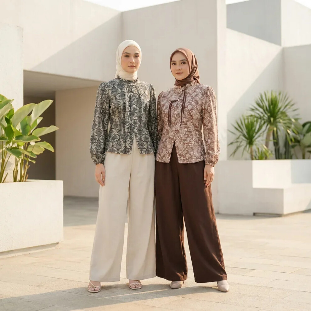 Setelan Muslimah Wanita|Setelan Blouse Motif Bunga|Setelan Celana Kulot Muslim|Setelan Formal Hijab|