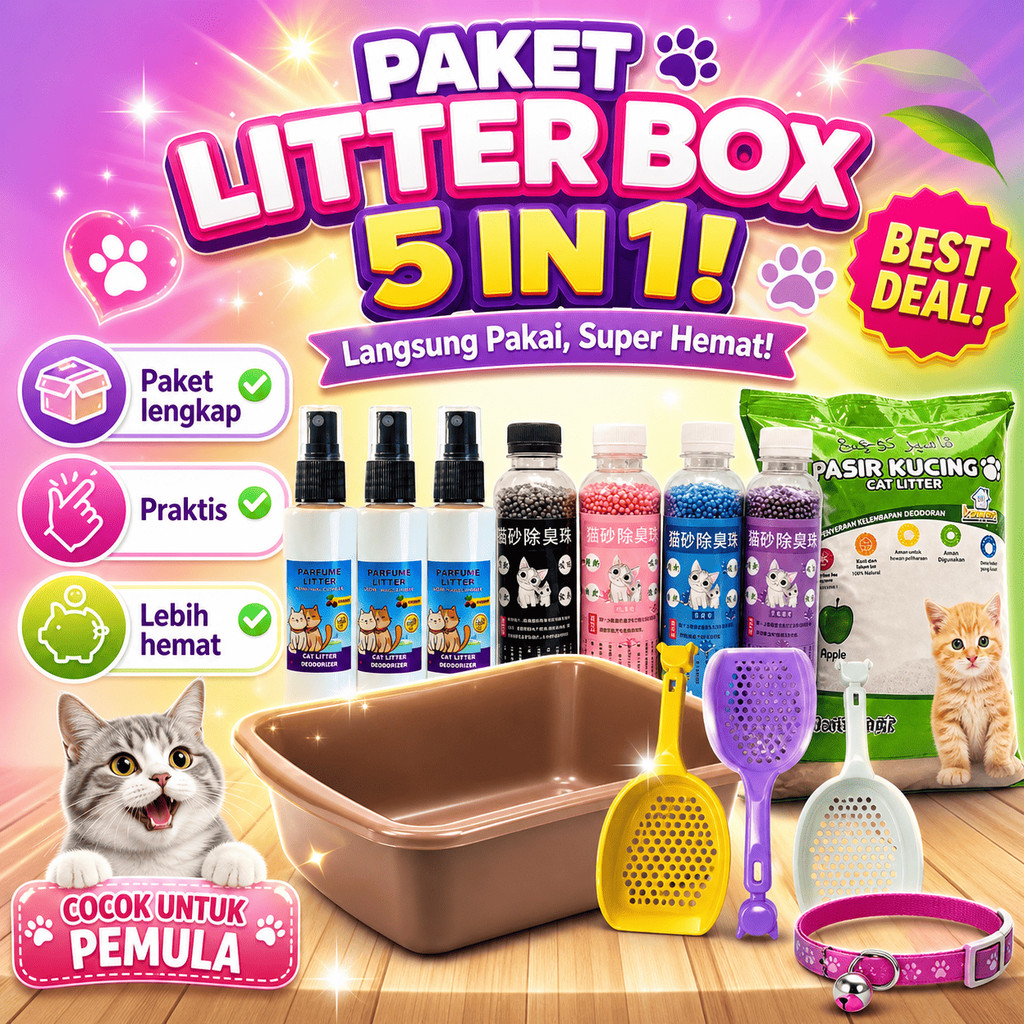 [GROSIR] PAKET CAT LITTER BOX KUCING 5 IN 1 | BAK PASIR KUCING + SEKOP + PASIR KUCING GUMPAL WANGI 1
