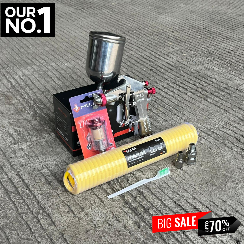 Paket Alat Semprot Cat Angin Spray Gun Spet F75 Tabung Atas Dan Selang Recoil Selang Kompresor