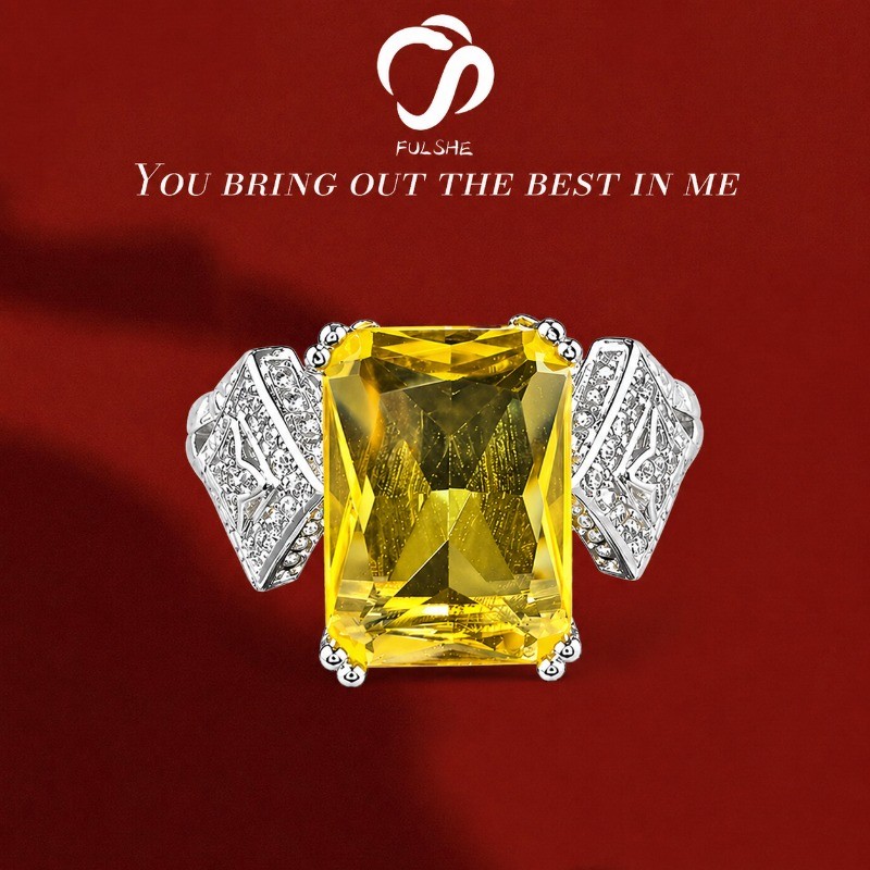 FULSHE Cincin Berlapis Berlian Emas Putih Zirkonium Kuning Asli Citrine Mewah Wanita
