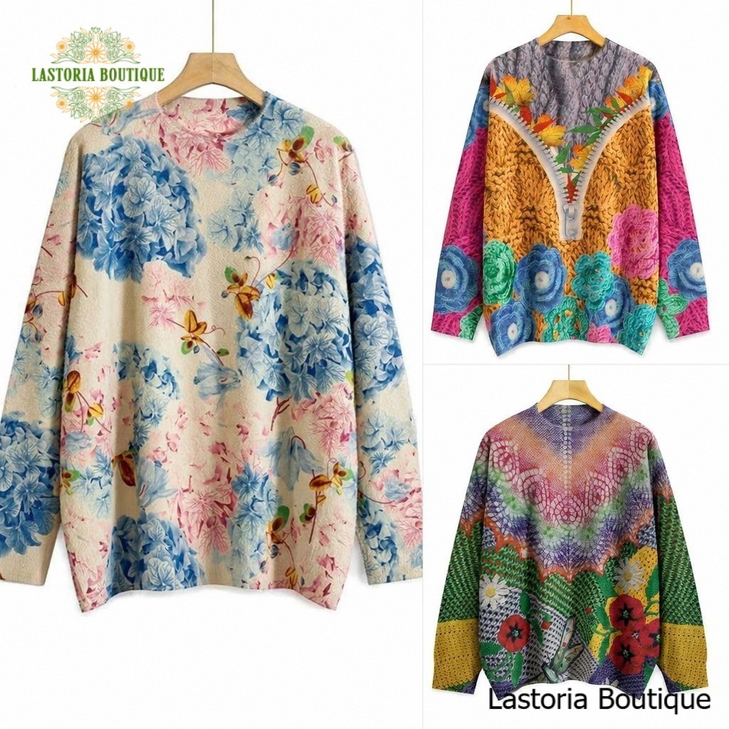 Tasya Sweater Floral Motif Bunga Bulu Premium Oversized Fashion Retro Terbaru Lembut Knitwear