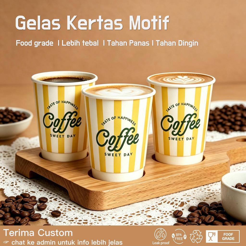 Double Wall Paper Cup Coffee 8oz 12oz Motif | Paper Cup Tebal Food Grade | Tahan Panas & Dingin Anti