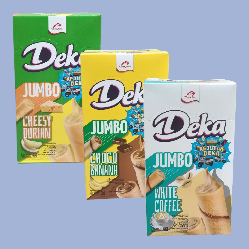 DEKA JUMBO Cheesy Durian, Choco Banana & White Coffee Wafer Roll 14 gr [24 stick/box]