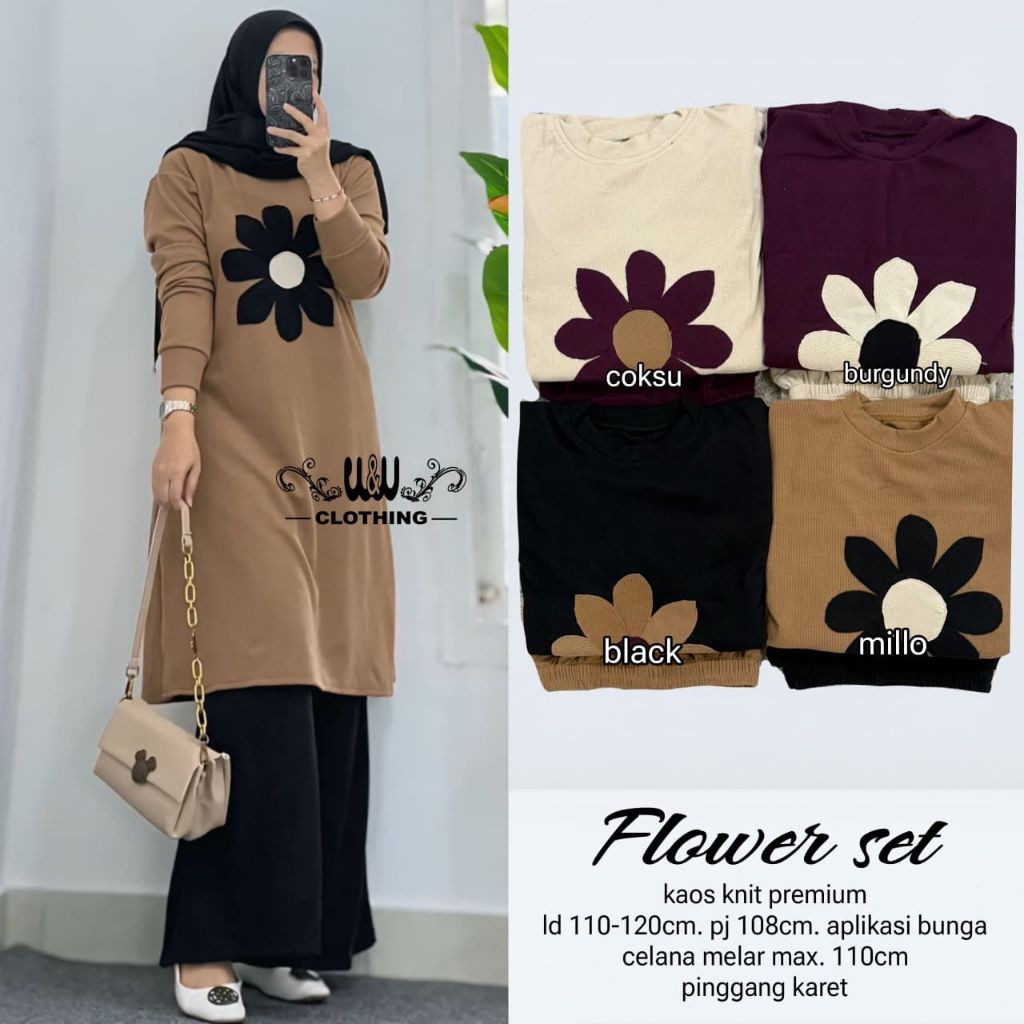 Flower Set Atasan Tunik & Celana Kulot Terbaru 2026 Bahan Kaos Knit Motif Bunga Cantik Original W&W
