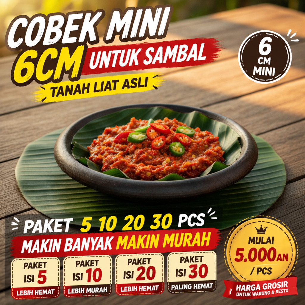 Cobek Mini 6cm Tanah Liat Asli - Cowek Sambal Kecil Gerabah (Paket isi 5 10 20 50 pcs Grosir Warung 