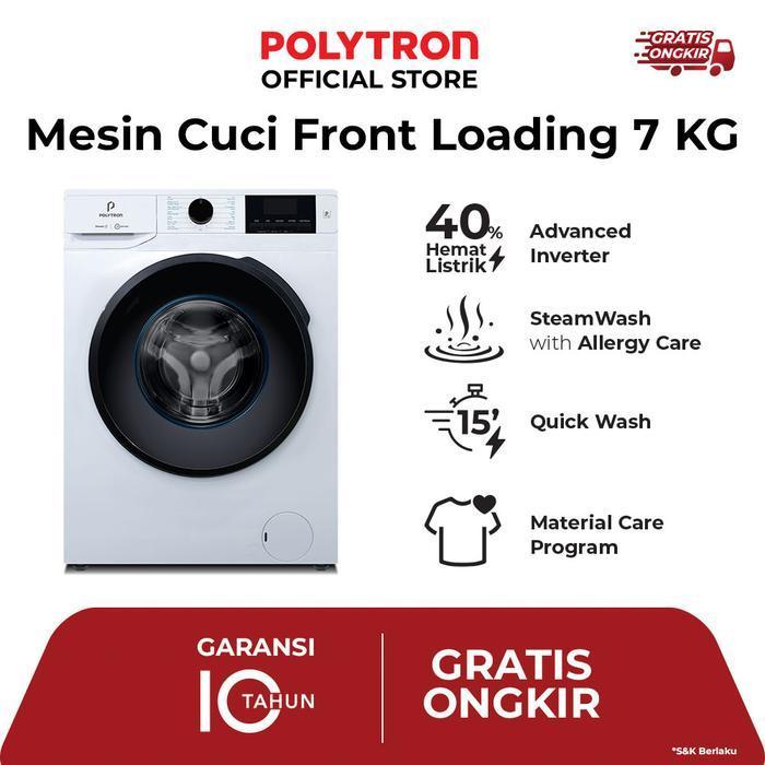 POLYTRON Mesin Cuci Front Load 7 KG Steam Inverter Low Watt Wonder Wash Series - PFL 7108