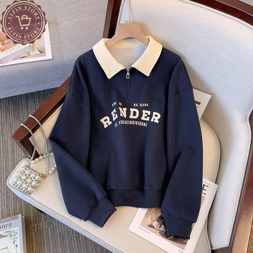 SWEATER HALF ZIP RUGBY KOMBINASI NAVY CREAM JAKET SWEATER KERAH OVERSIZE RENDER