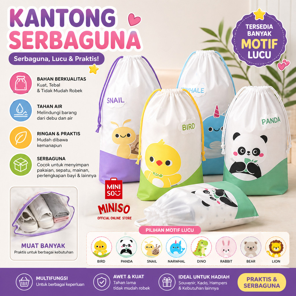 MINISO BALI | Tas Pouch Serut Organizer Serbaguna / Pouch Serut Drawstring Karakter / Tas Makeup Kos