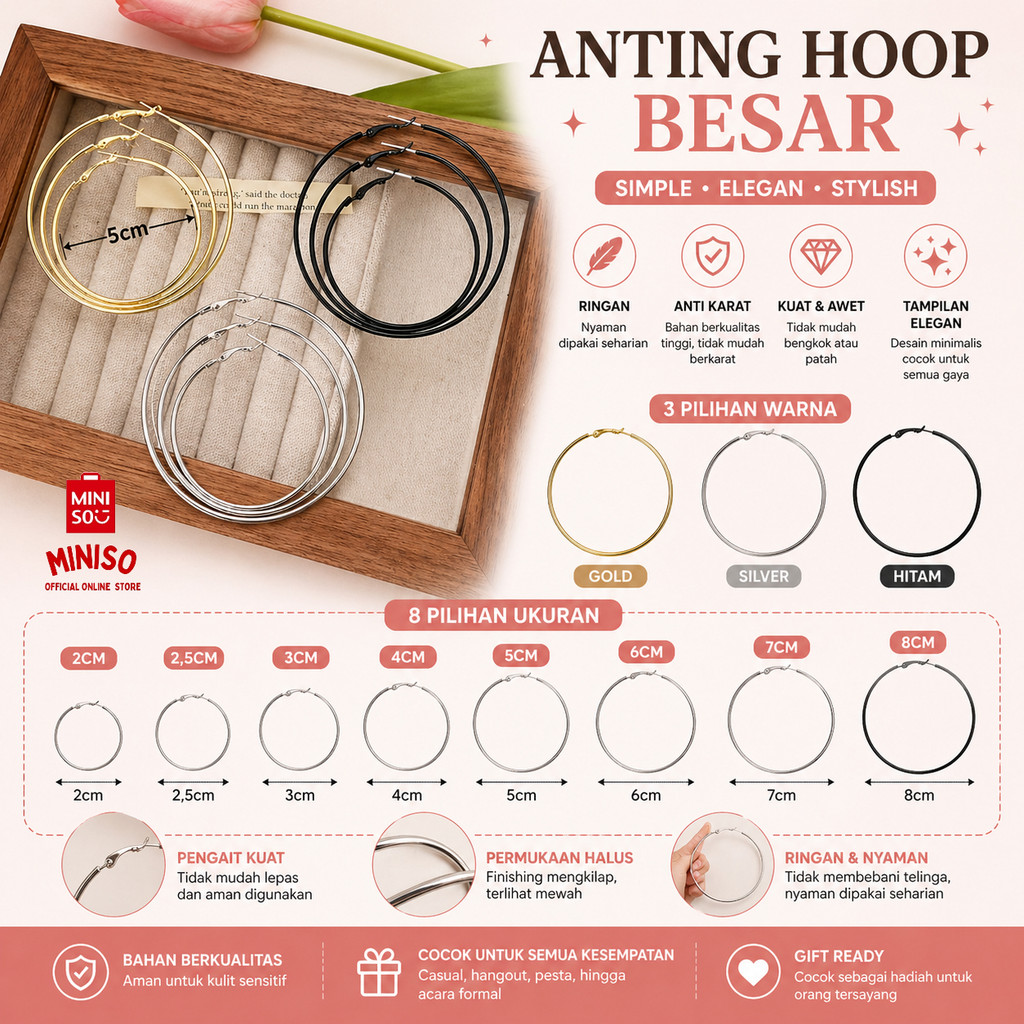 MINISO BALI | Anting Hoops Bulat Gold / Silver / Hitam Basic Hoop Earrings Anting Bulat Anting Giwan