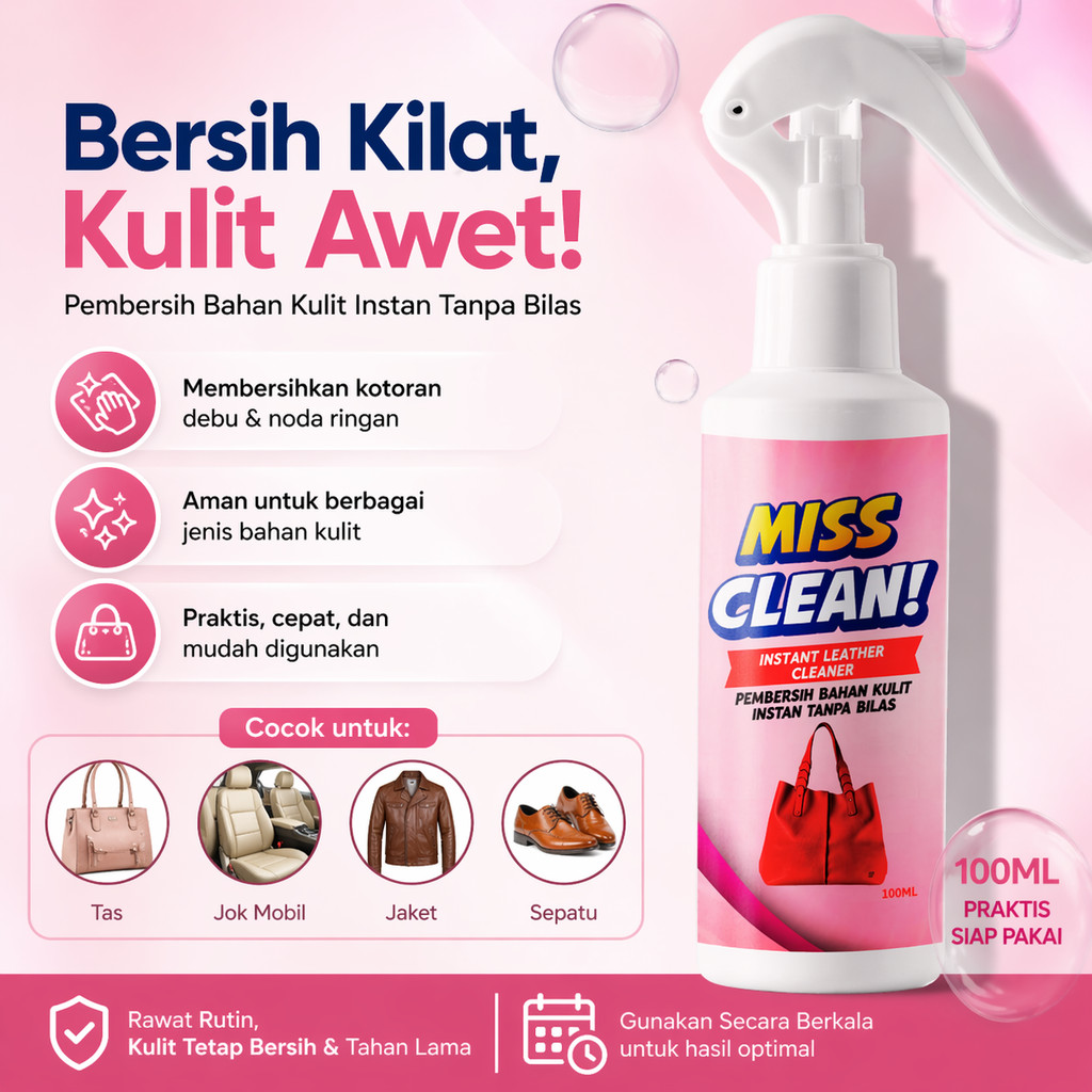 Pembersih Tas Kulit Miss Clean Instant Leather Cleaner Wanita Hapus Bekas Kotoran Anti Jamur Branded
