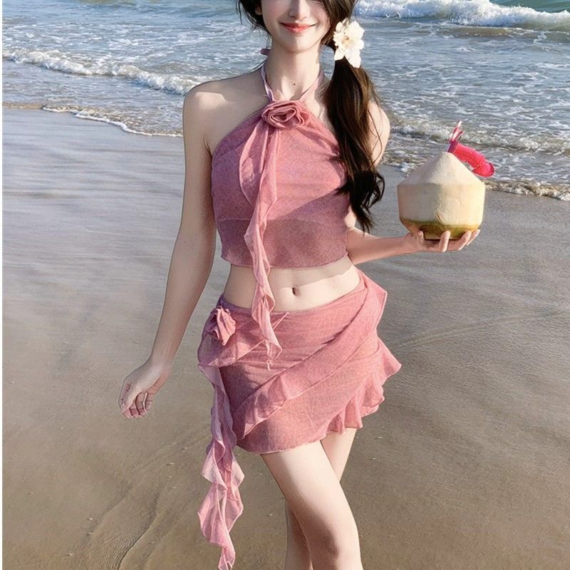 Baju renang tiga potong terpisah gaya seksi cewek hot, pakaian pantai untuk liburan wanita