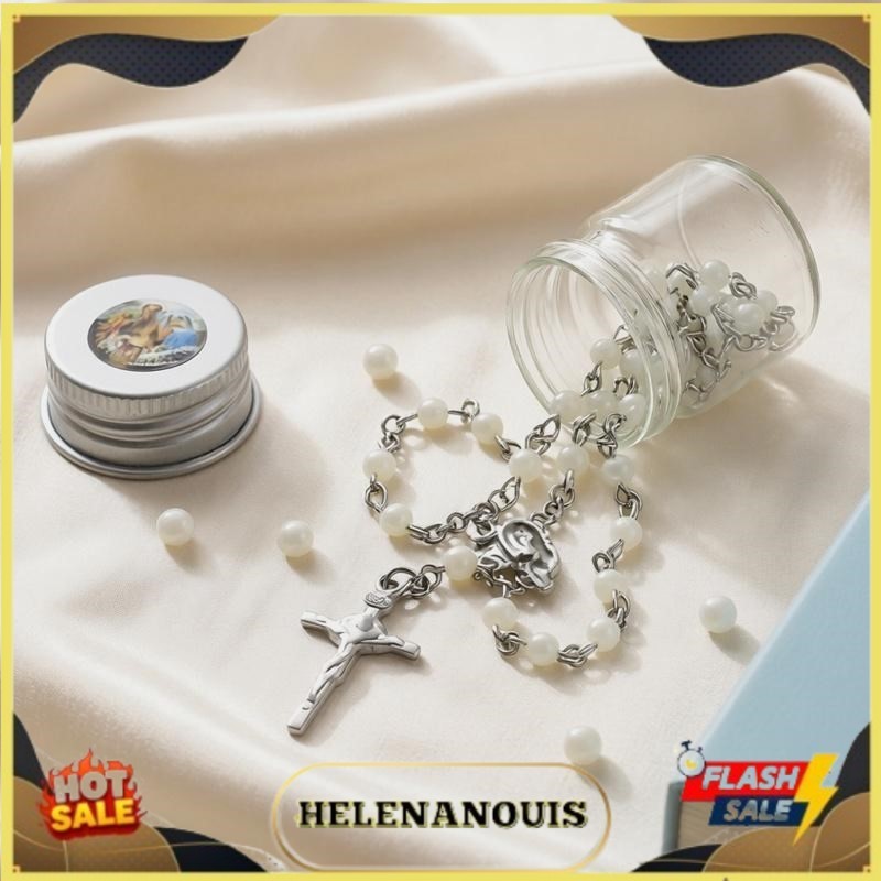Kalung Rosario Katolik Kecil Mini Manik 4mm Mutiara Putih Botol Kaca Grosir Unik Aksesoris Salib Wan